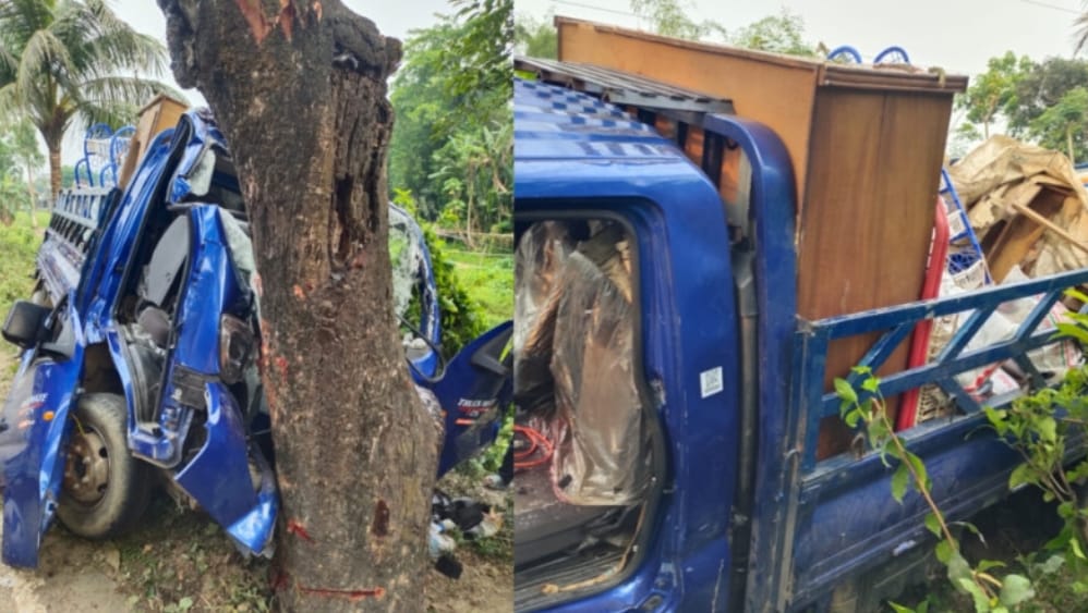 নেত্রকোনা পূর্বধলায় পিক আপ ভ্যান নিয়ন্ত্রণ হারিয়ে গাছের সাথে ধাক্কায় ড্রাইভার সহ আহত ২